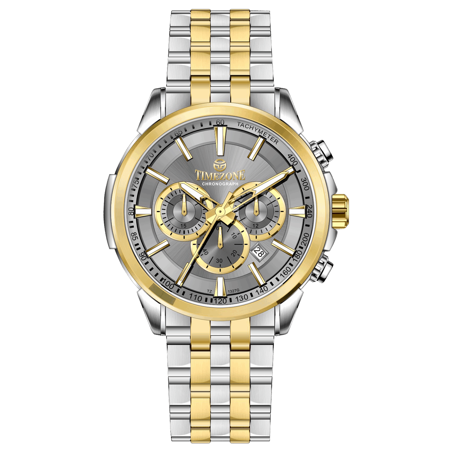A stainless steel chronograph watch with a gold-tone band and casing, featuring a silver dial. Discover timezone watches: elegant branded wrist watches for men in pakistan.