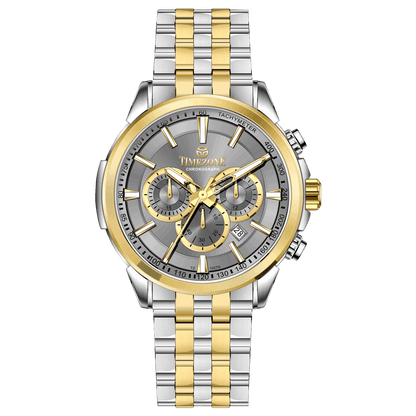A stainless steel chronograph watch with a gold-tone band and casing, featuring a silver dial. Discover timezone watches: elegant branded wrist watches for men in pakistan.