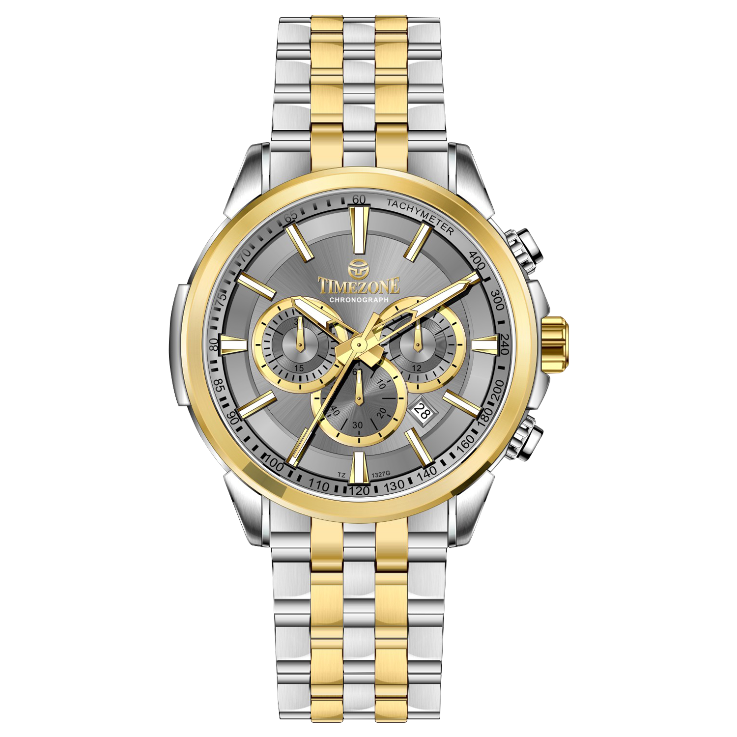 A stainless steel chronograph watch with a gold-tone band and casing, featuring a silver dial. Discover timezone watches: elegant branded wrist watches for men in pakistan.