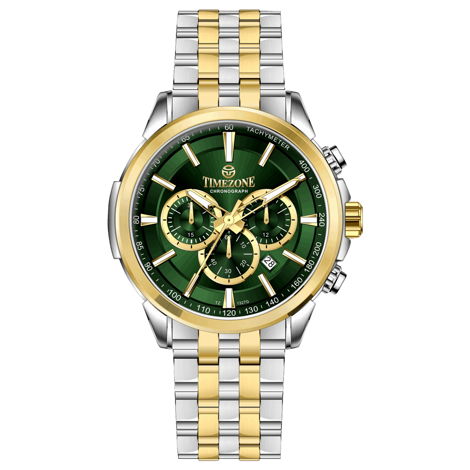 A stainless steel chronograph watch with a gold-tone band and casing, featuring a silver dial. Discover timezone watches: elegant branded wrist watches for men in pakistan.