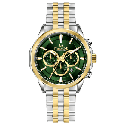 A stainless steel chronograph watch with a gold-tone band and casing, featuring a silver dial. Discover timezone watches: elegant branded wrist watches for men in pakistan.