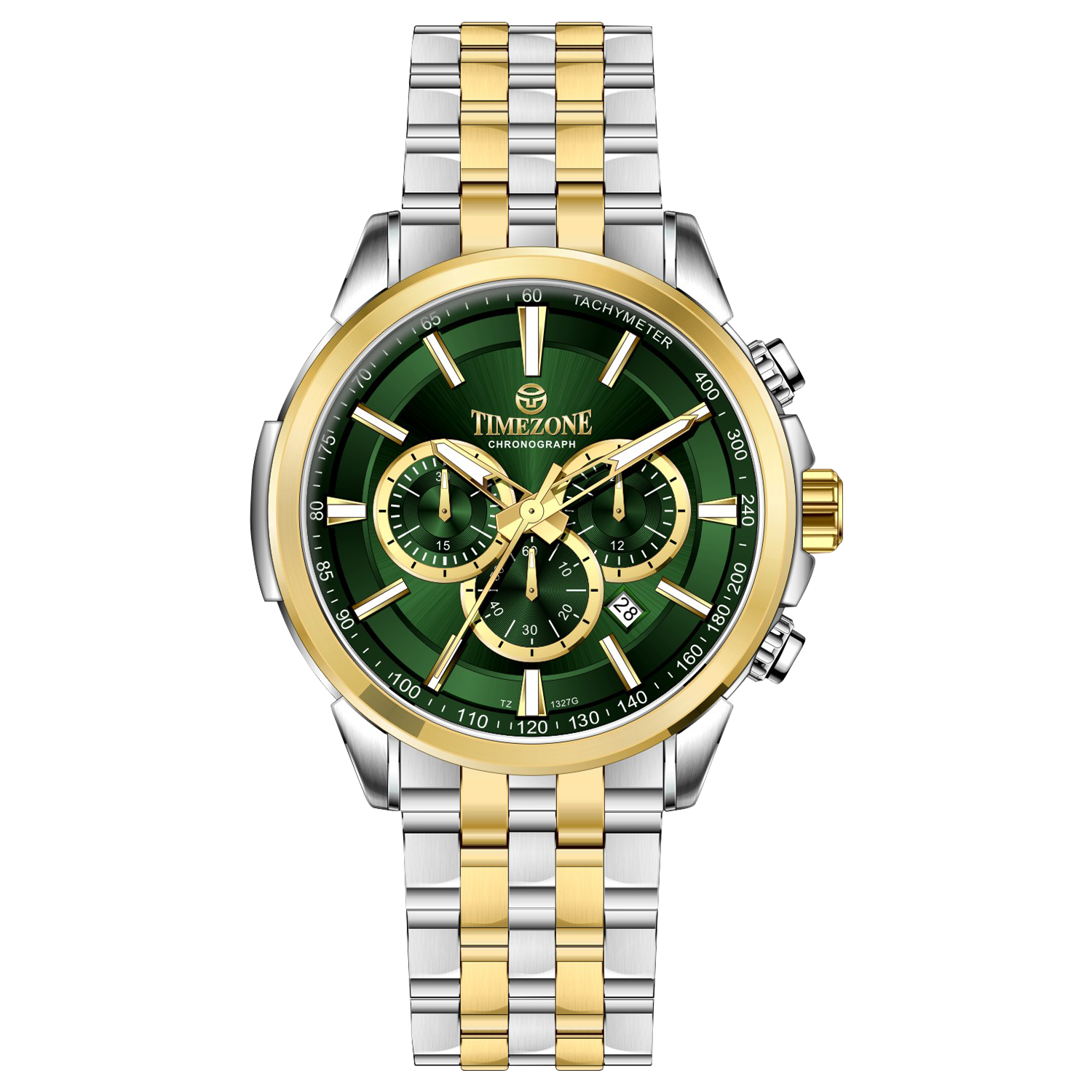 A stainless steel chronograph watch with a gold-tone band and casing, featuring a silver dial. Discover timezone watches: elegant branded wrist watches for men in pakistan.