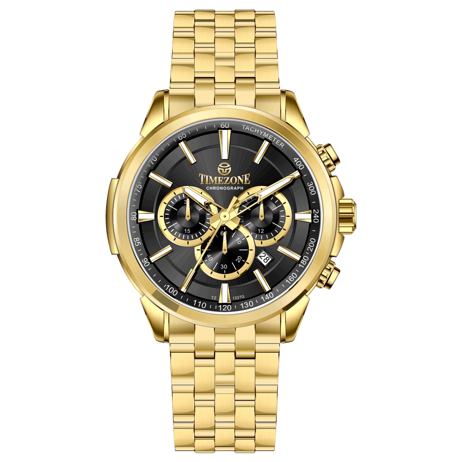 A gold-colored stainless steel chronograph watch with a strap and a glossy case. Discover timezone watches: elegant branded wrist watches for men in pakistan.
