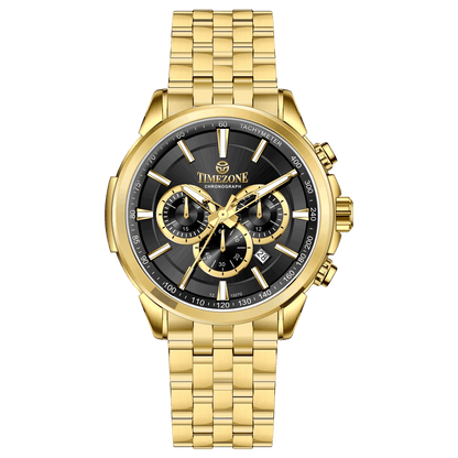 A gold-colored stainless steel chronograph watch with a strap and a glossy case. Discover timezone watches: elegant branded wrist watches for men in pakistan.