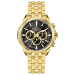 A gold-colored stainless steel chronograph watch with a strap and a glossy case. Discover timezone watches: elegant branded wrist watches for men in pakistan.
