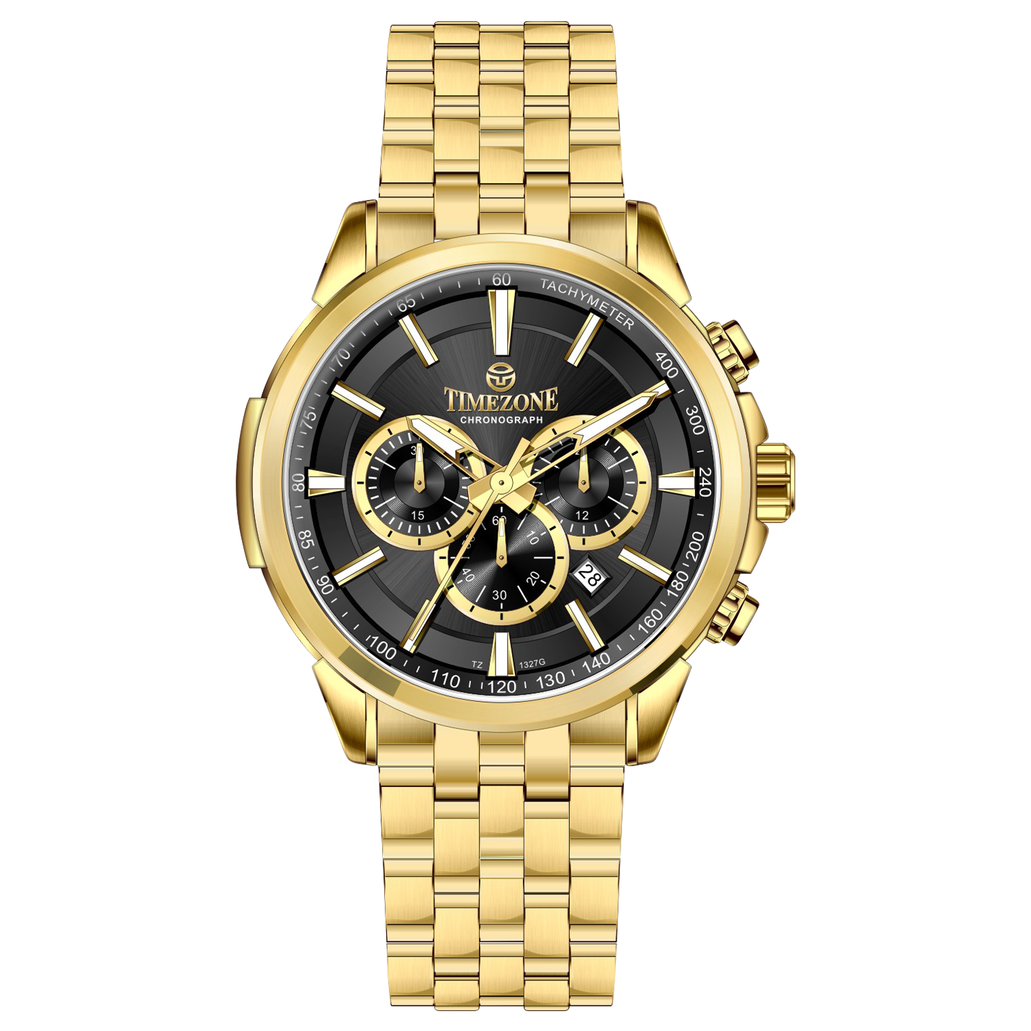 A gold-colored stainless steel chronograph watch with a strap and a glossy case. Discover timezone watches: elegant branded wrist watches for men in pakistan.