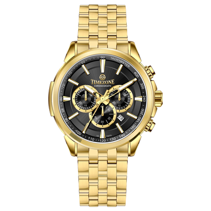 A gold-colored stainless steel chronograph watch with a strap and a glossy case. Discover timezone watches: elegant branded wrist watches for men in pakistan.