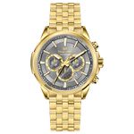 A gold-colored stainless steel chronograph watch with a strap and a glossy case. Discover timezone watches: elegant branded wrist watches for men in pakistan.