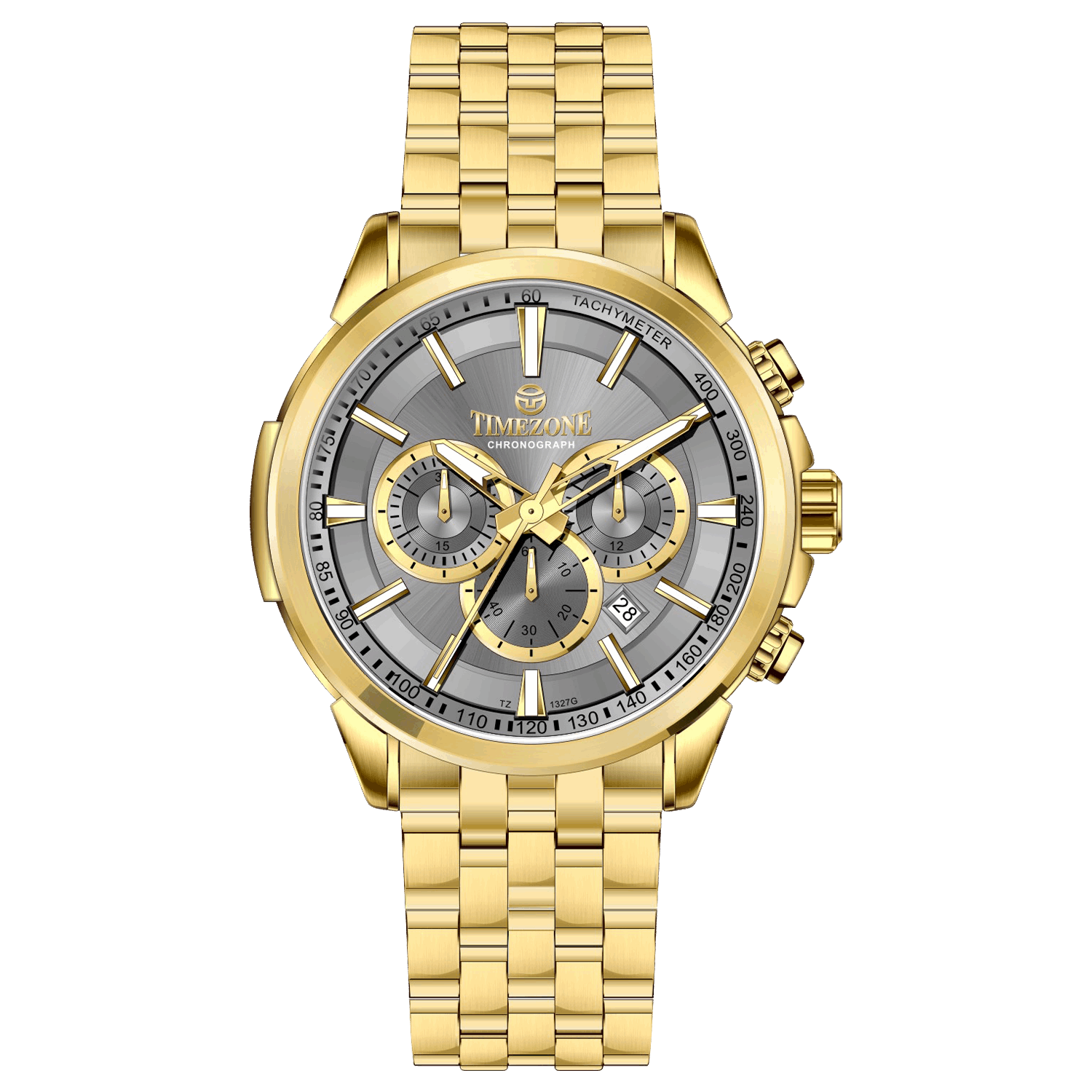 A gold-colored stainless steel chronograph watch with a strap and a glossy case. Discover timezone watches: elegant branded wrist watches for men in pakistan.