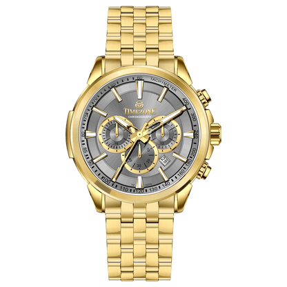 A gold-colored stainless steel chronograph watch with a strap and a glossy case. Discover timezone watches: elegant branded wrist watches for men in pakistan.