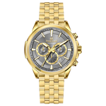 A gold-colored stainless steel chronograph watch with a strap and a glossy case. Discover timezone watches: elegant branded wrist watches for men in pakistan.