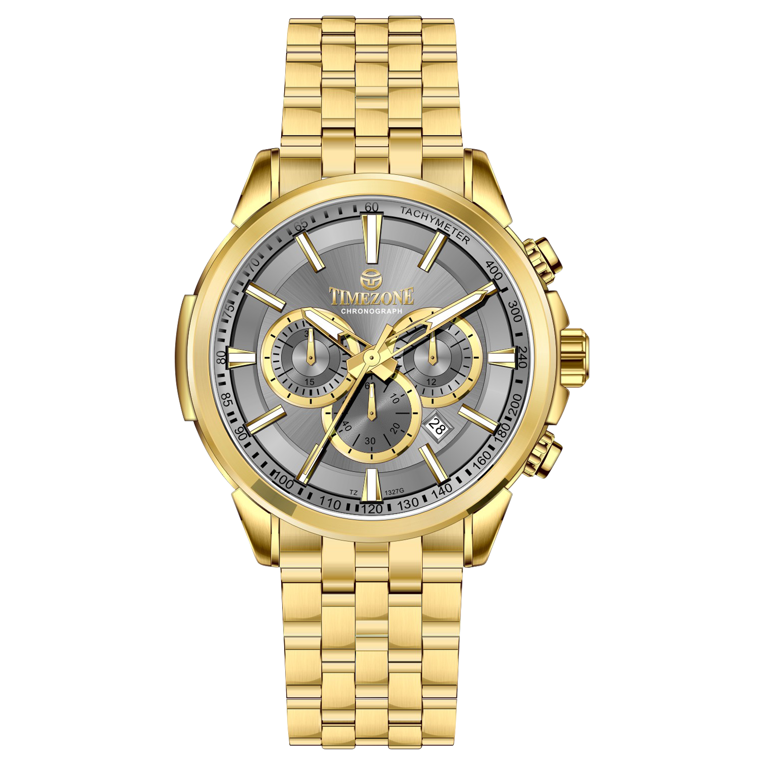 A gold-colored stainless steel chronograph watch with a strap and a glossy case. Discover timezone watches: elegant branded wrist watches for men in pakistan.