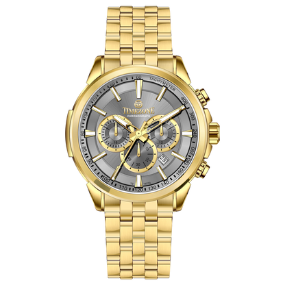A gold-colored stainless steel chronograph watch with a strap and a glossy case. Discover timezone watches: elegant branded wrist watches for men in pakistan.