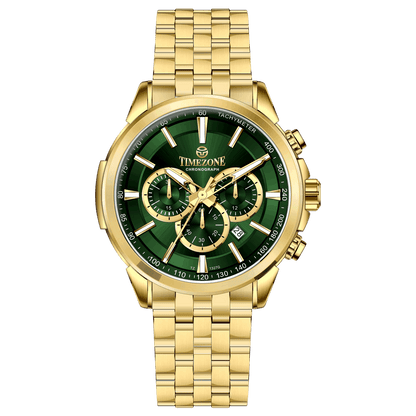A gold-colored stainless steel chronograph watch with a strap and a glossy case. Discover timezone watches: elegant branded wrist watches for men in pakistan.