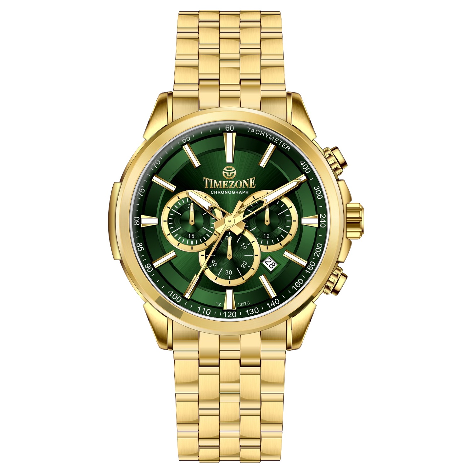 A gold-colored stainless steel chronograph watch with a strap and a glossy case. Discover timezone watches: elegant branded wrist watches for men in pakistan.