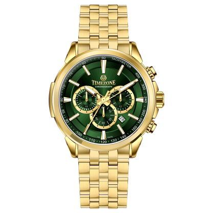 A gold-colored stainless steel chronograph watch with a strap and a glossy case. Discover timezone watches: elegant branded wrist watches for men in pakistan.