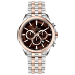 A stainless steel chronograph watch with a rose gold band and a silver dial, featuring a date display and multiple sub-dials. Discover timezone watches: elegant branded wrist watches for men in pakistan.