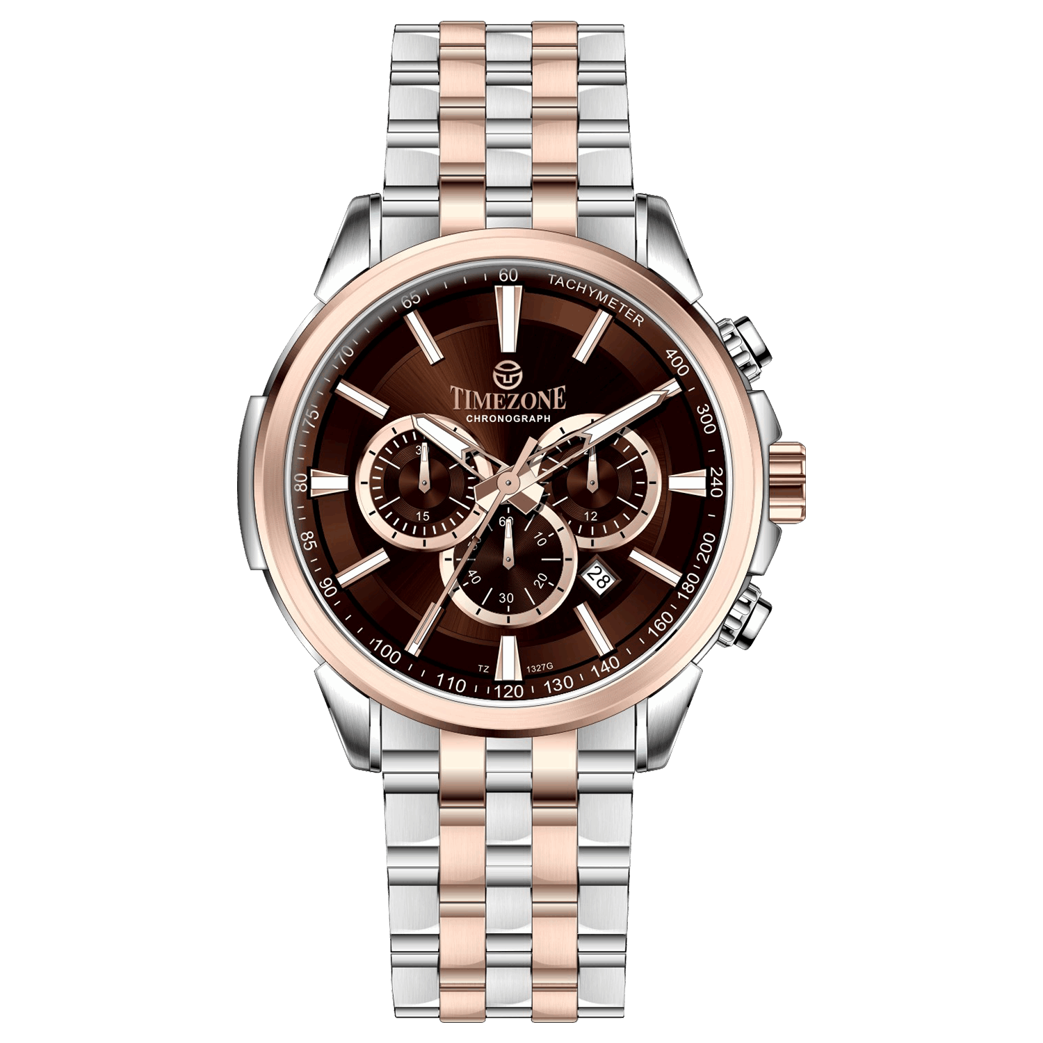 A stainless steel chronograph watch with a rose gold band and a silver dial, featuring a date display and multiple sub-dials. Discover timezone watches: elegant branded wrist watches for men in pakistan.