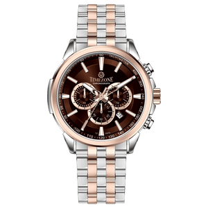 A stainless steel chronograph watch with a rose gold band and a silver dial, featuring a date display and multiple sub-dials. Discover timezone watches: elegant branded wrist watches for men in pakistan.