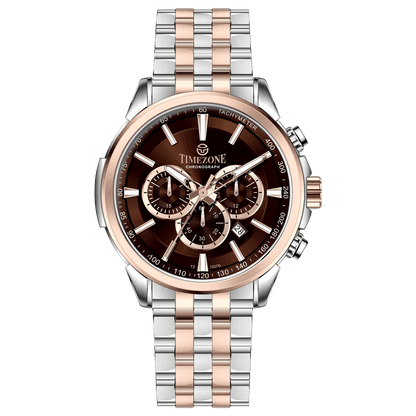 A stainless steel chronograph watch with a rose gold band and a silver dial, featuring a date display and multiple sub-dials. Discover timezone watches: elegant branded wrist watches for men in pakistan.