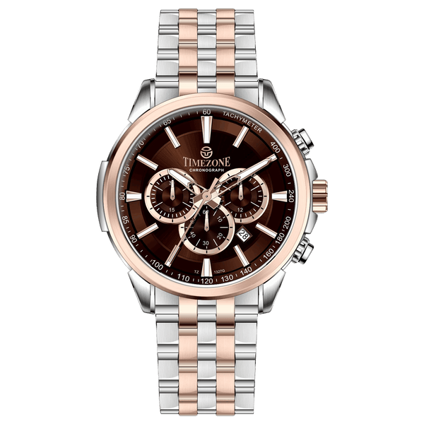 A stainless steel chronograph watch with a rose gold band and a silver dial, featuring a date display and multiple sub-dials. Discover timezone watches: elegant branded wrist watches for men in pakistan.