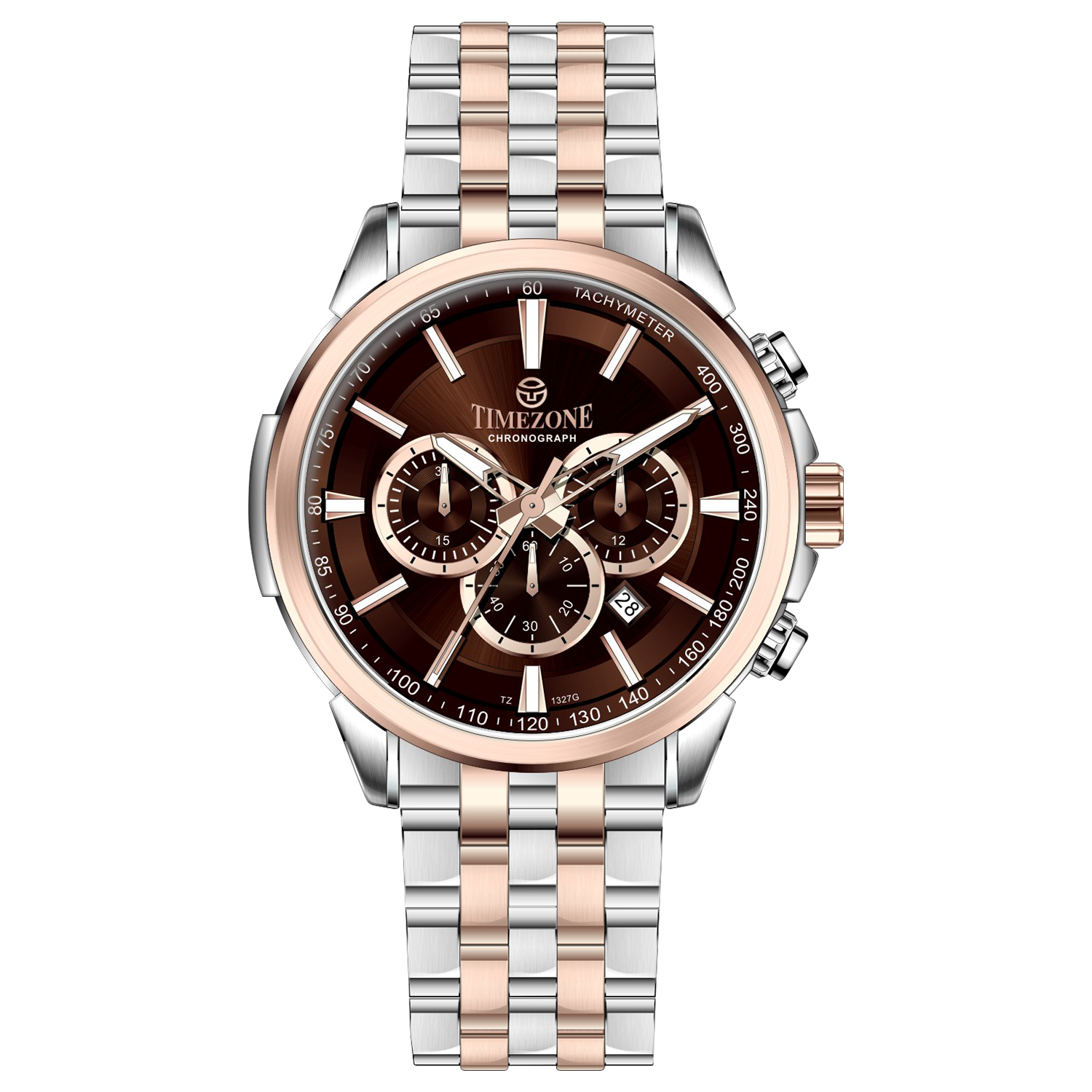 A stainless steel chronograph watch with a rose gold band and a silver dial, featuring a date display and multiple sub-dials. Discover timezone watches: elegant branded wrist watches for men in pakistan.
