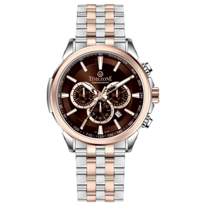 A stainless steel chronograph watch with a rose gold band and a silver dial, featuring a date display and multiple sub-dials. Discover timezone watches: elegant branded wrist watches for men in pakistan.