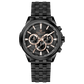 A stainless steel chronograph watch with a black dial, white casing, and a black band. The watch has a date display and multiple sub-dials for tracking time. Discover timezone watches: elegant branded wrist watches for men in pakistan.