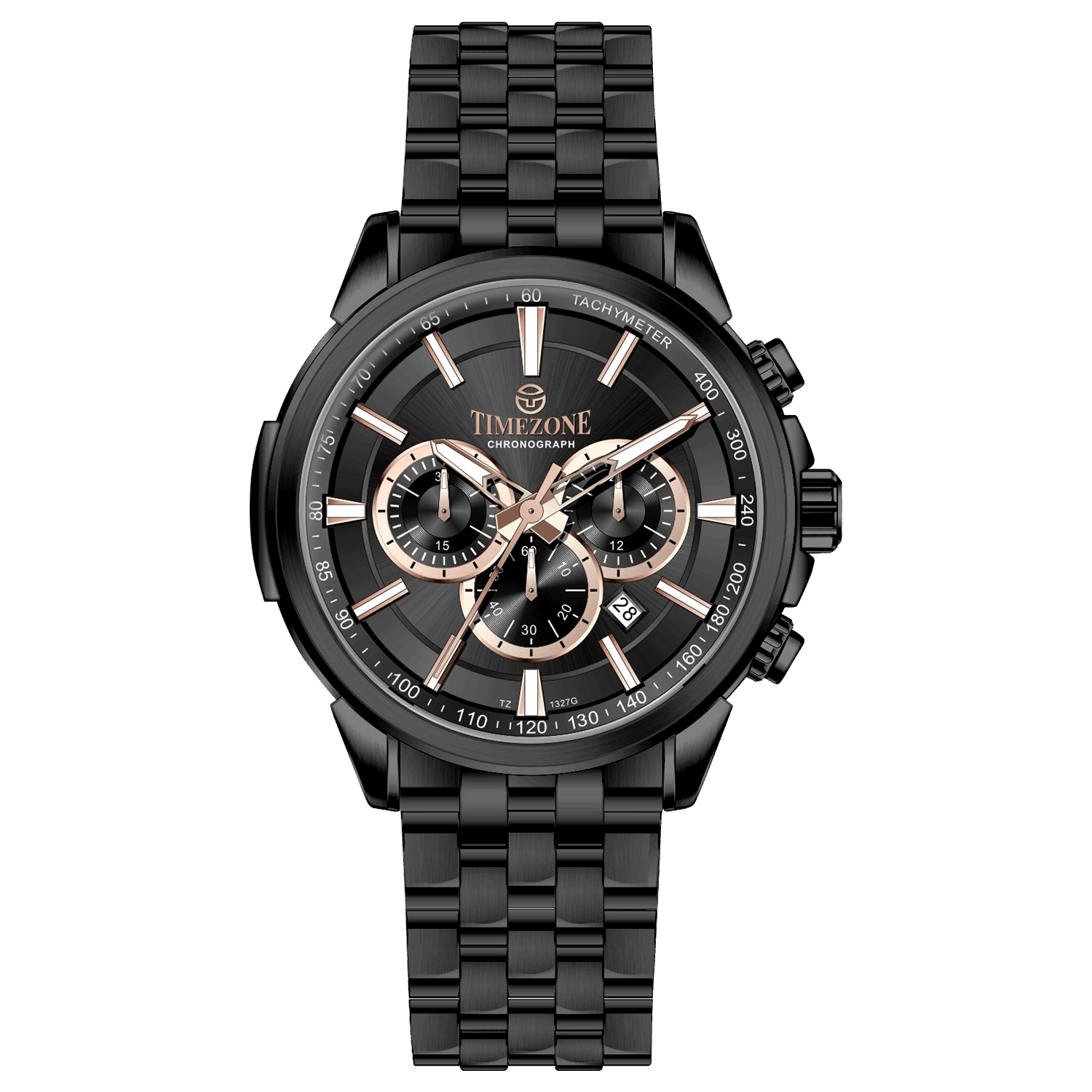 A stainless steel chronograph watch with a black dial, white casing, and a black band. The watch has a date display and multiple sub-dials for tracking time. Discover timezone watches: elegant branded wrist watches for men in pakistan.