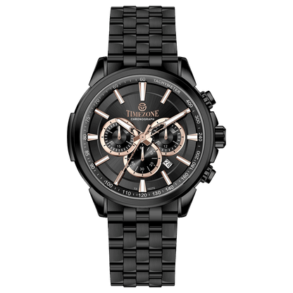A stainless steel chronograph watch with a black dial, white casing, and a black band. The watch has a date display and multiple sub-dials for tracking time. Discover timezone watches: elegant branded wrist watches for men in pakistan.