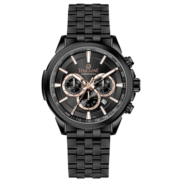 A stainless steel chronograph watch with a black dial, white casing, and a black band. The watch has a date display and multiple sub-dials for tracking time. Discover timezone watches: elegant branded wrist watches for men in pakistan.