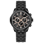 A stainless steel chronograph watch with a black dial, white casing, and a black band. The watch has a date display and multiple sub-dials for tracking time. Discover timezone watches: elegant branded wrist watches for men in pakistan.