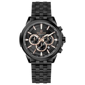 A stainless steel chronograph watch with a black dial, white casing, and a black band. The watch has a date display and multiple sub-dials for tracking time. Discover timezone watches: elegant branded wrist watches for men in pakistan.