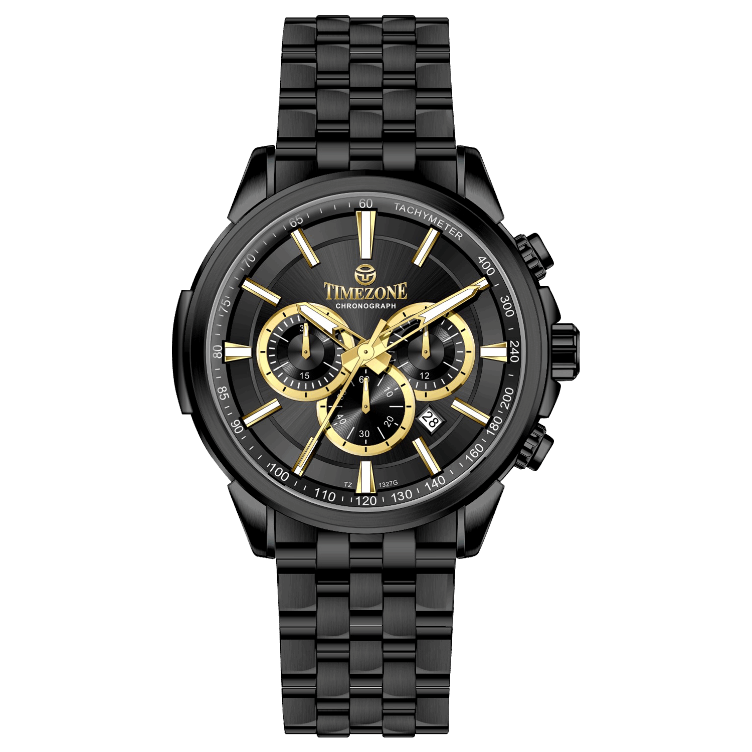 A stainless steel chronograph watch with a black dial, white casing, and a black band. The watch has a date display and multiple sub-dials for tracking time. Discover timezone watches: elegant branded wrist watches for men in pakistan.