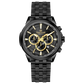 A stainless steel chronograph watch with a black dial, white casing, and a black band. The watch has a date display and multiple sub-dials for tracking time. Discover timezone watches: elegant branded wrist watches for men in pakistan.