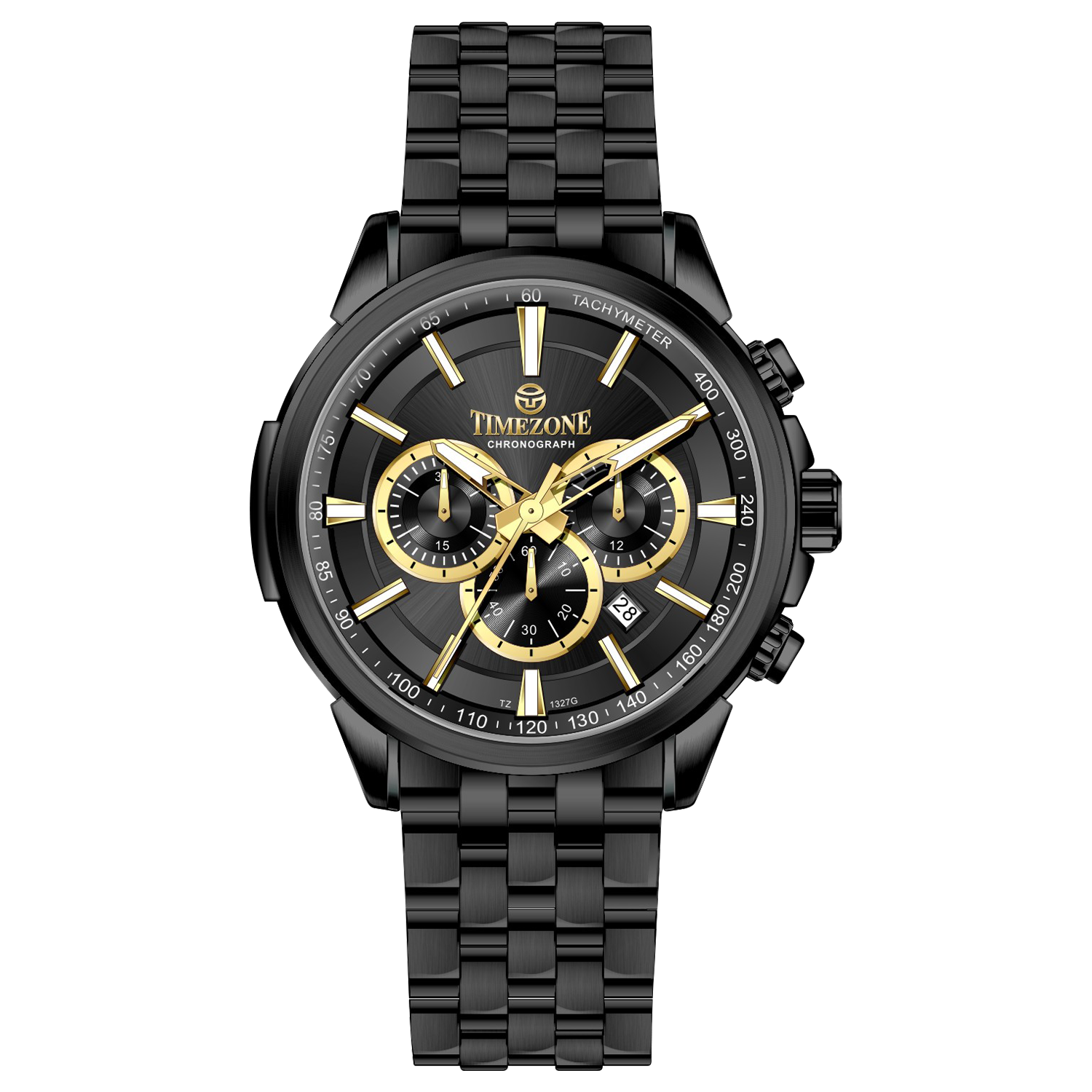 A stainless steel chronograph watch with a black dial, white casing, and a black band. The watch has a date display and multiple sub-dials for tracking time. Discover timezone watches: elegant branded wrist watches for men in pakistan.