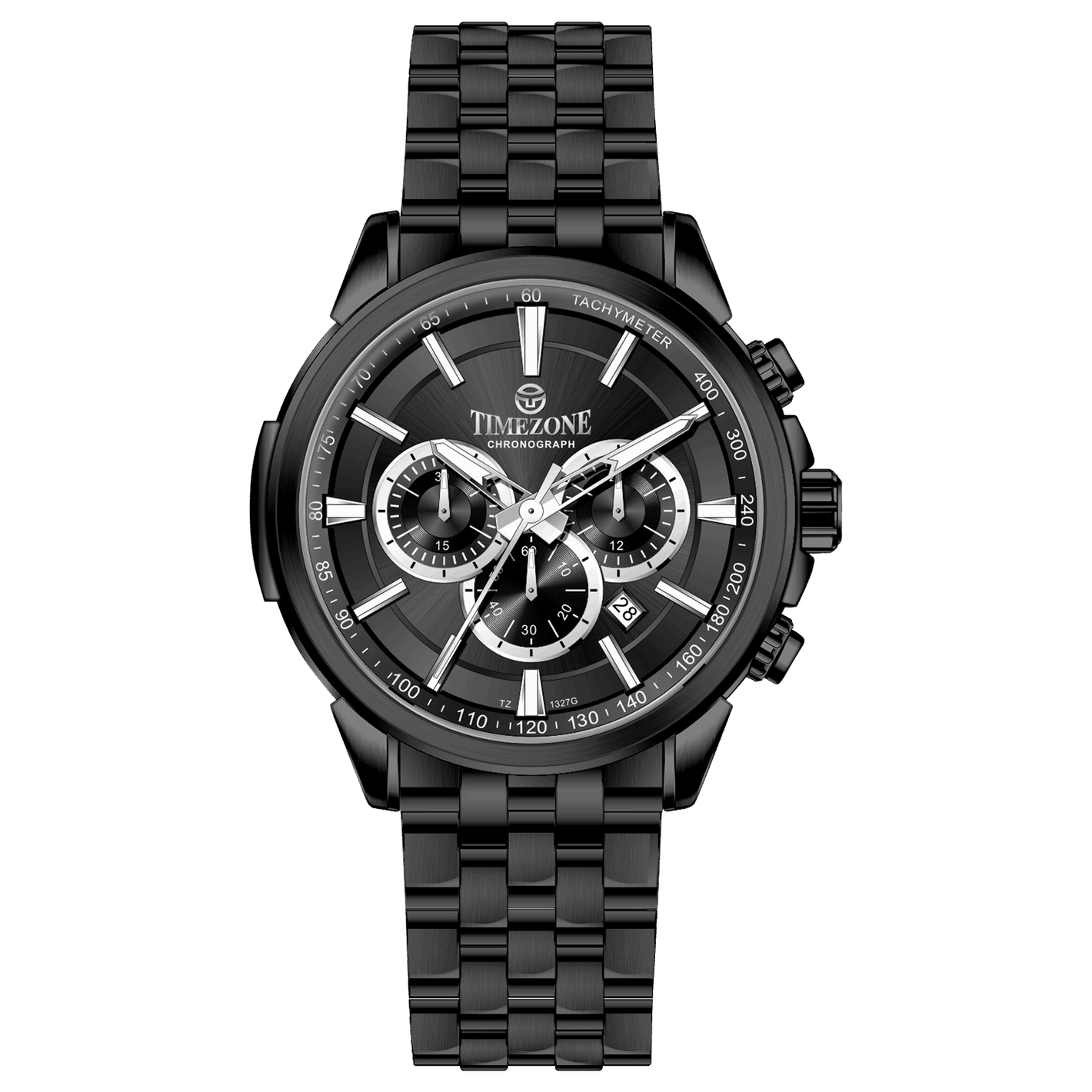 A stainless steel chronograph watch with a black dial, white casing, and a black band. The watch has a date display and multiple sub-dials for tracking time. Discover timezone watches: elegant branded wrist watches for men in pakistan.