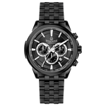 A stainless steel chronograph watch with a black dial, white casing, and a black band. The watch has a date display and multiple sub-dials for tracking time. Discover timezone watches: elegant branded wrist watches for men in pakistan.