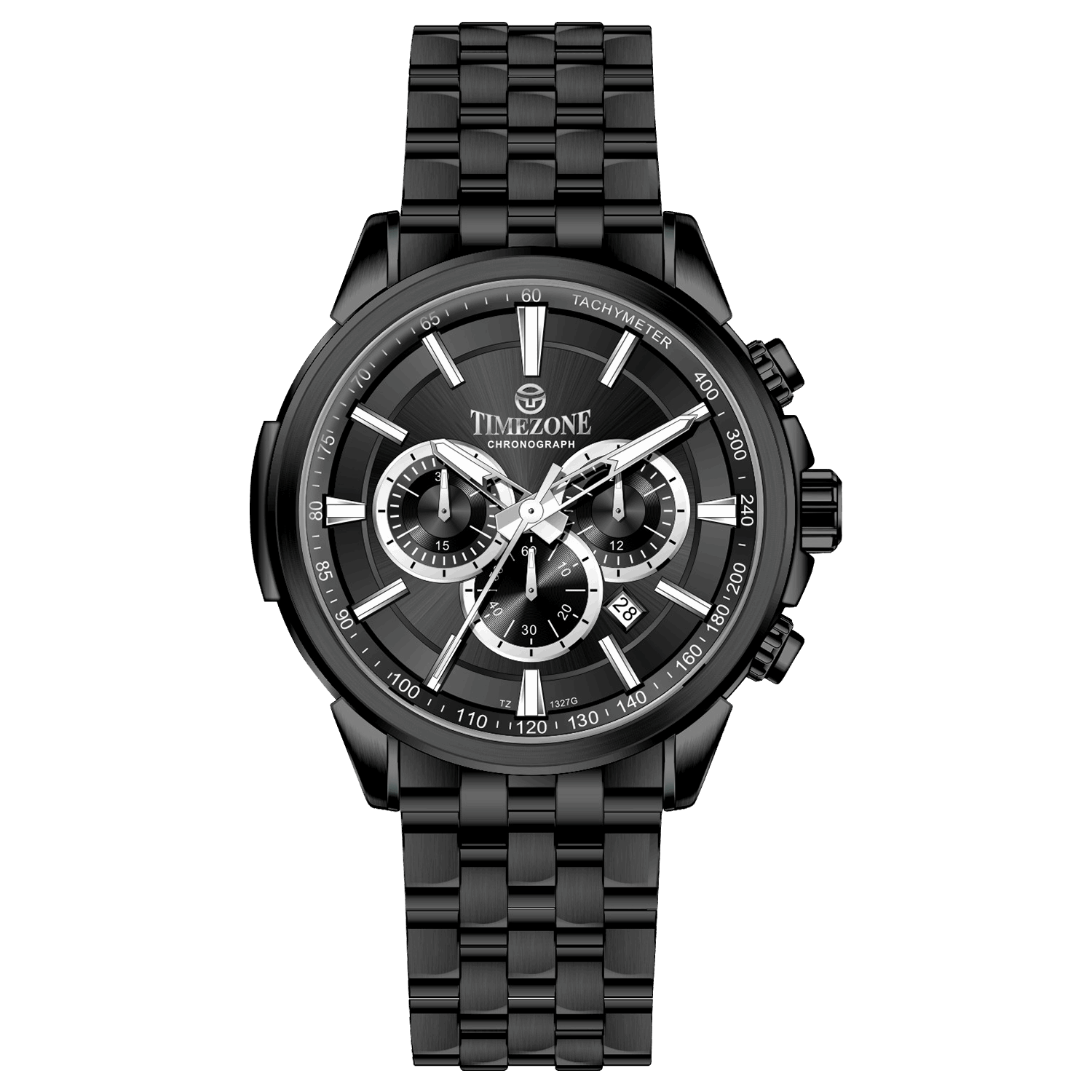 A stainless steel chronograph watch with a black dial, white casing, and a black band. The watch has a date display and multiple sub-dials for tracking time. Discover timezone watches: elegant branded wrist watches for men in pakistan.