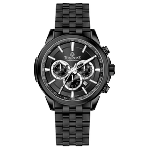 A stainless steel chronograph watch with a black dial, white casing, and a black band. The watch has a date display and multiple sub-dials for tracking time. Discover timezone watches: elegant branded wrist watches for men in pakistan.