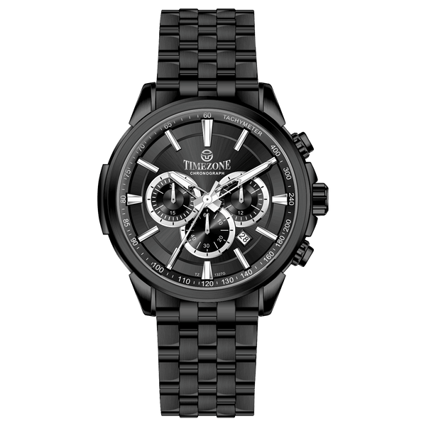 A stainless steel chronograph watch with a black dial, white casing, and a black band. The watch has a date display and multiple sub-dials for tracking time. Discover timezone watches: elegant branded wrist watches for men in pakistan.