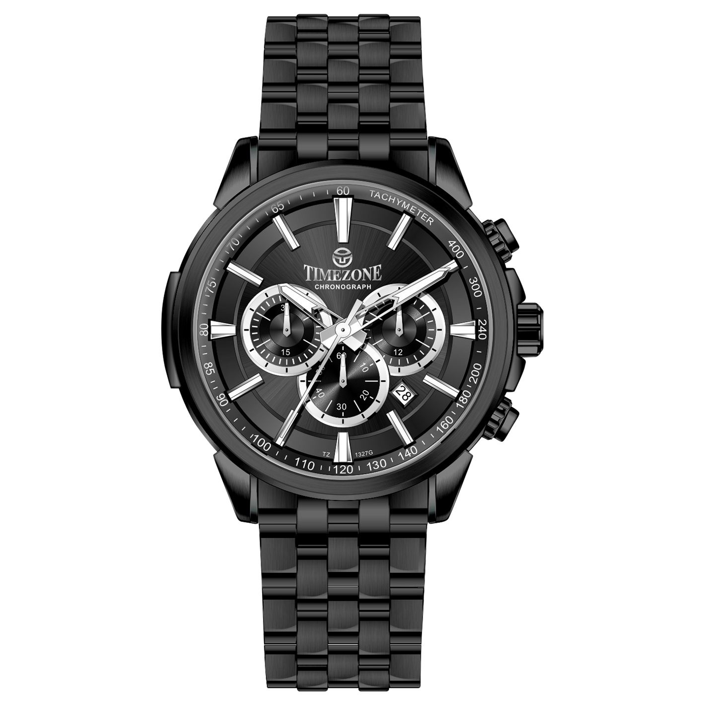 A stainless steel chronograph watch with a black dial, white casing, and a black band. The watch has a date display and multiple sub-dials for tracking time. Discover timezone watches: elegant branded wrist watches for men in pakistan.