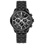 A stainless steel chronograph watch with a black dial, white casing, and a black band. The watch has a date display and multiple sub-dials for tracking time. Discover timezone watches: elegant branded wrist watches for men in pakistan.