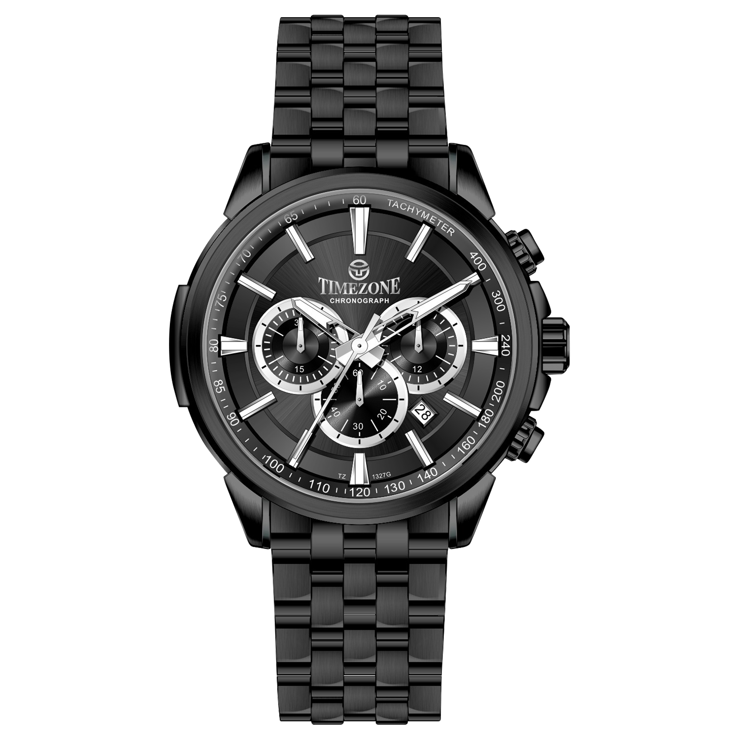 A stainless steel chronograph watch with a black dial, white casing, and a black band. The watch has a date display and multiple sub-dials for tracking time. Discover timezone watches: elegant branded wrist watches for men in pakistan.