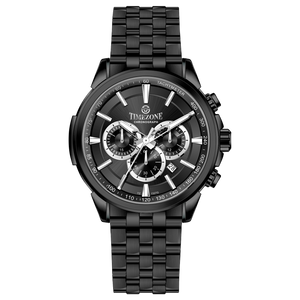 A stainless steel chronograph watch with a black dial, white casing, and a black band. The watch has a date display and multiple sub-dials for tracking time. Discover timezone watches: elegant branded wrist watches for men in pakistan.