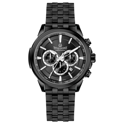 A stainless steel chronograph watch with a black dial, white casing, and a black band. The watch has a date display and multiple sub-dials for tracking time. Discover timezone watches: elegant branded wrist watches for men in pakistan.