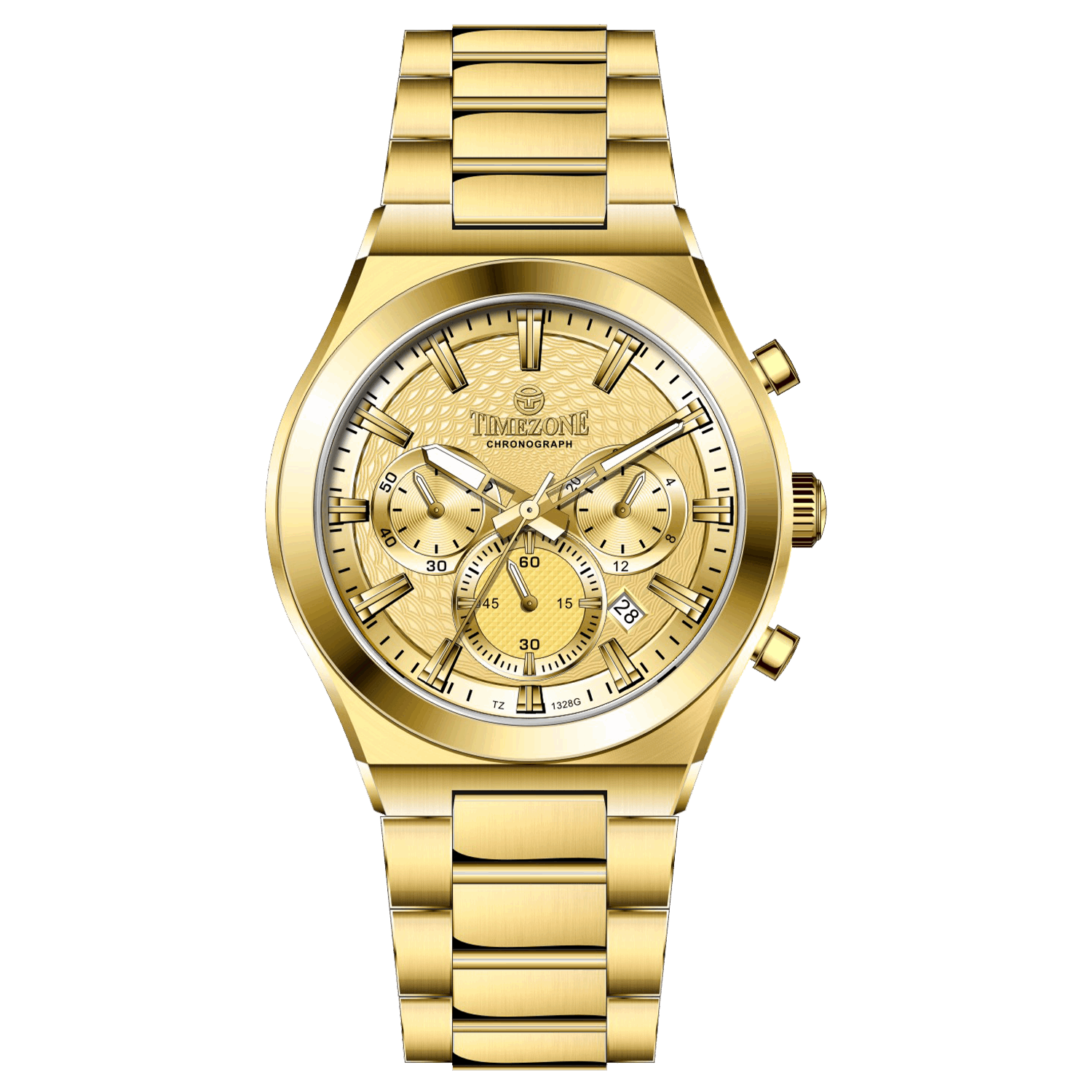 Branded wrist watch for men in pakistan. A gold-colored stainless steel watch with multicolor accents, featuring a chronograph display.