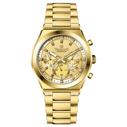 Branded wrist watch for men in pakistan. A gold-colored stainless steel watch with multicolor accents, featuring a chronograph display.