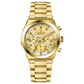 Branded wrist watch for men in pakistan. A gold-colored stainless steel watch with multicolor accents, featuring a chronograph display.