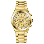 Branded wrist watch for men in pakistan. A gold-colored stainless steel watch with multicolor accents, featuring a chronograph display.